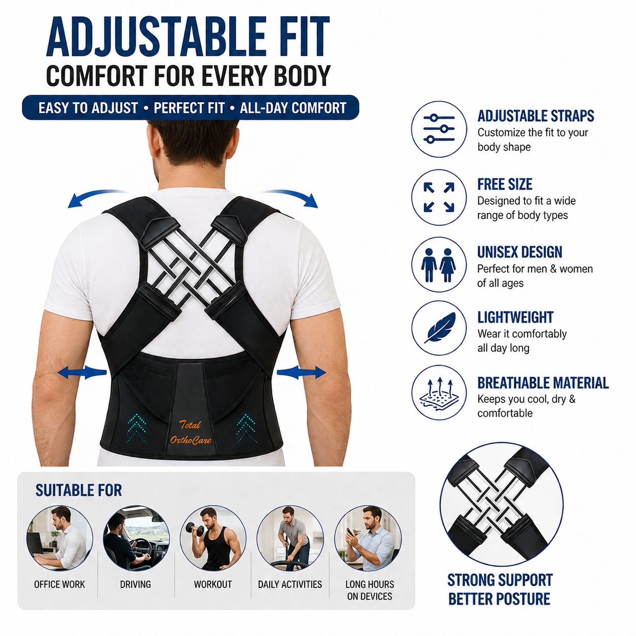 Posture Corrector Belt – Adjustable Back & Shoulder Support Brace | Free Size