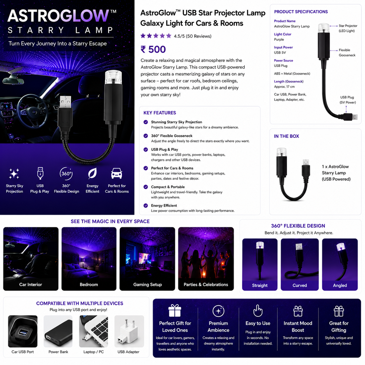 AstroGlow USB Starlight Projector Ambient Mood Light for Car & Home